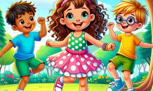 Uma menina de 6 anos, Sofia, com cabelos cacheados e um grande sorriso radiante, dança alegremente ao redor de uma árvore em um parque ensolarado, seus olhos brilhando de felicidade. Ela usa um vestido colorido com bolinhas e sandálias rosas, parecendo cheia de energia e alegria. Ao lado dela, Lucas, um menino de 6 anos com cabelos castanhos bagunçados e óculos redondos, ri imitando os movimentos de uma dança cômica. Ele veste uma camiseta azul e um short verde, pronto para dar um salto divertido. Mia, outra menina de 6 anos com cabelos loiros trançados e um sorriso contagiante, está logo atrás de Sofia, levantando os braços como se estivesse celebrando a aventura. Ela usa uma saia rosa e uma camiseta amarela, seu rosto iluminado pela alegria. O parque é cheio de verde, com árvores majestosas, flores coloridas e um céu azul claro com nuvens brancas. No fundo, crianças brincam e famílias fazem piqueniques na grama. A cena principal mostra os três amigos dançando alegremente ao redor da árvore, rindo juntos e se divertindo como se estivessem em um espetáculo, criando uma atmosfera de felicidade e amizade.