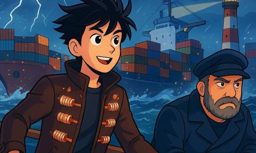 Seventeen-year-old Keaton Voss stands on the deck of a large ship, his tousled black hair blowing in the wind and his eyes shining with excitement and determination. He wears a jacket adorned with small copper coils that shimmer under the port lights. Next to him is Hideo, a sturdy man in his fifties with salt-and-pepper beard and a worried look, observing the tumult of the waves, ready to give orders to his crew. The scene is set in Tidal Reach harbor, where colorful containers are stacked like building blocks and lights blink in the night, creating a vibrant yet tense atmosphere. The sea is rough, and a large cargo ship sways dangerously near a lighthouse as lightning illuminates the dark sky. The main situation shows Keaton, focused and brave, guiding the crew to rescue the distressed ship, using his leadership skills to rally people and find a solution together as the storm threatens to worsen the situation.