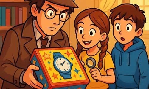 A thirty-something detective with messy brown hair and round glasses closely examines a brightly decorated box, his face showing intense curiosity and determination. Next to him, a twelve-year-old girl with braids and a mischievous smile holds a small magnet, watching the detective in awe. A twelve-year-old boy in a blue hoodie and jeans stands slightly back, wide-eyed and eager to uncover the box's secret. The scene takes place in a cozy library with wooden shelves filled with colorful books, soft daylight streaming through the windows, and a craft table covered in shiny supplies like glitter and stickers. The detective inspects the box, adorned with a drawing of a watch and twinkling stars, while the soft ticking of a clock creates an atmosphere of mystery and excitement.