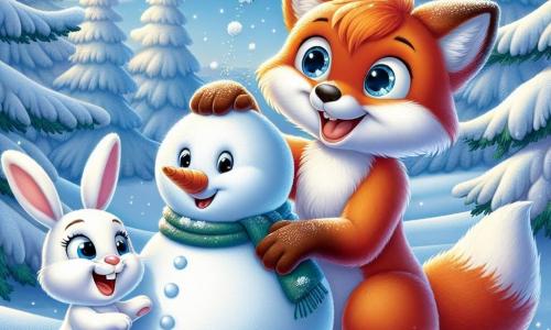 Ein kleiner, leuchtend orangefarbener Fuchs namens Felix mit weichem Fell und funkelnden, fröhlichen Augen baut einen Schneemann. Er lächelt breit, die Ohren aufgerichtet, während er einen großen Schneeball rollt. Neben ihm sitzt ein niedlicher, weißer Hase namens Hoppel mit großen Ohren und einer kleinen rosa Nase, der fröhlich lacht, während er eine Karotte für die Nase des Schneemanns sucht. Hoppel sitzt im Schnee, die Vorderpfoten erhoben, und schaut Felix bewundernd an. Die Szene spielt in einem verzauberten Winterwald, wo die Bäume mit funkelndem Schnee bedeckt sind und sanfte Schneeflocken vom hellblauen Himmel fallen. Der Boden ist mit einer dicken Schicht unberührtem Schnee bedeckt, und Eiskristalle funkeln in der Sonne. Felix und Hoppel haben Spaß daran, einen Schneemann zu bauen, teilen Lachen und Geschichten und zeigen die Magie des Winters und der Freundschaft.