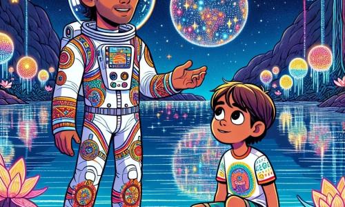 Um astronauta homem, Miguel, está de pé à beira de um lago cintilante no Planeta Estelário. Ele tem cabelos castanhos, olhos brilhantes de curiosidade e usa um traje espacial branco decorado com cores vibrantes. Seu rosto expressa admiração enquanto ele admira as estrelas refletidas na água. Ao seu lado, um menino chamado Lucas, com cerca de 8 anos, cabelos dourados e um sorriso tímido, observa com fascinação. Ele usa uma camiseta colorida e shorts, sentado sobre uma pedra, com as pernas cruzadas e os olhos fixos em Miguel. O cenário é encantador: um lago de águas cristalinas, cercado por flores luminosas e árvores de formas estranhas, sob um céu estrelado com constelações brilhantes. A cena principal mostra Miguel explicando a Lucas as maravilhas do espaço, enquanto Tico, um pequeno robô flutuante, emite luzes coloridas, acrescentando um toque de magia a essa exploração.