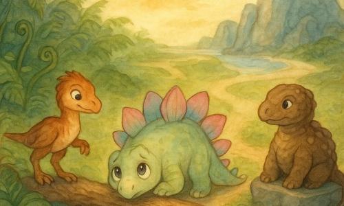 Stego, un tânăr stegozaur curios cu plăci dorsale roz pal și turcoaz și coadă cu vârfuri scurte, stă la mijloc, privind ezitant spre trei poteci; Tika, un mic raptor voios cu penaj brun-roșcat pătat de crem, stă pe rădăcini la stânga cu o labă ridicată, iar Anky, un ankylosaur rotund și blând cu carapace brună și ciocan la capătul cozii, este pe dreapta, lângă o bancă de piatră; decorul e un răscruce preistorică cu ferigi uriașe verde smarald, tulpini spiralate, un pârâu sclipitor, trei trasee distincte (pădure de ferigi întunecate, defileu stâncos gri-albăstrui, plajă cu nisip negru și scoici), pterozauri zburând în cerc și soare ambre care aruncă umbre lungi; momentul surprinde clipa deciziei lui Stego, atmosferă blândă, aventură conținută, tonuri pastel acuarelă și lumini sclipitoare.