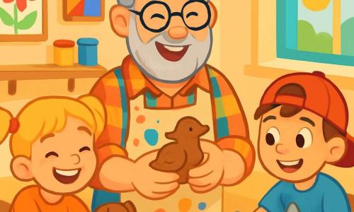 An elderly man around 60 years old, with a gray beard and round glasses, joyfully smiles while shaping a clay bird on a wooden table. He wears a colorful plaid shirt and a paint-stained apron, showing his enthusiasm and creativity. Next to him, an 8-year-old girl with blonde pigtails and sparkling eyes is molding a small clay dog, laughing with happiness. A 7-year-old boy, wearing a red cap backward, is creating a spaceship, his hands covered in color. The scene takes place in a bright workshop filled with colorful paintings on the walls, vibrant paint pots, and blocks of clay in all colors, with a large sun filtering through a window. The children, surrounded by the artist, enjoy making clay sculptures, sharing ideas and laughing together, while the man encourages them with a kind smile, showcasing the joy of creating as a group.