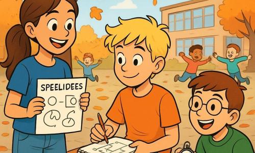 Er zijn 3 personages: - Noor: een 12-jarig meisje met bruin haar in een paardenstaart, een blauwe t-shirt en een spijkerbroek. Ze staat rechtop, glimlachend, met een vel papier met spelideeën in haar hand. - Sam: een 12-jarige jongen met rommelig blond haar en een pot met kleurpotloden achter zijn oor. Hij zit op een bank en tekent een speelplan in een notitieboek. - Luuk: een 12-jarige jongen met een bril en kastanjebruin haar, in een groene trui. Hij zit naast hen, met een stopwatch in de hand en moedigt de andere kinderen aan om mee te doen. De locatie is een schoolplein in de herfst, met kleurrijke bladeren die van de bomen vallen. De grond is bedekt met grijze tegels, en op de achtergrond staat een grote boom met uitgestrekte takken. Kinderen spelen eromheen, lachend en rennend, wat een vrolijke en warme sfeer creëert. De belangrijkste situatie toont Noor, Sam en Luuk die een spel organiseren voor de andere kinderen, met glimlachen op hun gezichten. Ze verzamelen kinderen om zich heen, klaar om samen plezier te maken, wat de geest van delen en samenwerking illustreert, ondanks de uitdagingen.