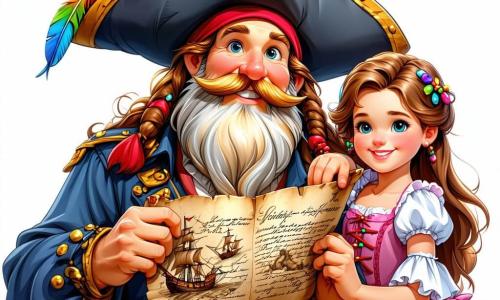 Im Vordergrund steht die Hauptfigur, Käpt'n Ole, ein Mann mit einem langen, leuchtend roten Bart und einem großen Piratenhut, der mit einer bunten Feder geschmückt ist. Sein Gesicht strahlt ansteckende Freude aus, während er eine alte Schatzkarte in den Händen hält, seine Augen funkeln vor Aufregung. Neben ihm steht Klara, ein 10-jähriges Mädchen mit lockigem, blondem Haar, das ein rotes Bandana trägt und die Karte mit Staunen betrachtet, bereit für das Abenteuer. Etwas weiter hinten lächelt Finn, ein 8-jähriger Junge mit zerzausten braunen Haaren, während er eine kleine Schaufel hält und ungeduldig darauf wartet, den versteckten Schatz zu entdecken. 

Die Szenerie spielt an einem goldenen Sandstrand, umgeben von üppigen Palmen, mit einem funkelnden türkisfarbenen Meer im Hintergrund. Majestätische Felsen erheben sich am Horizont, und eine große Sonne strahlt am klaren blauen Himmel, der mit einigen weißen Wolken gesprenkelt ist.

Die Hauptsituation zeigt Käpt'n Ole und seine begeisterte Crew, die bereit sind, eine geheimnisvolle Insel zu erkunden, mit der Schatzkarte vor ihnen ausgebreitet, während Aufregung und Abenteuer in der Luft liegen.