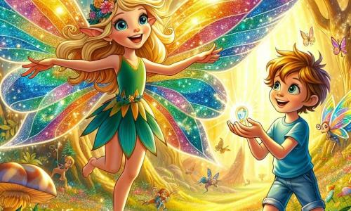 Una hada llamada Ailén, con alas brillantes de colores del arcoíris, flota alegremente sobre un claro del bosque. Su rostro irradia entusiasmo y bondad, y su cabello dorado danza al viento. Sostiene una pequeña llave brillante en sus manos, lista para abrir un portal mágico. Junto a ella, un niño de 10 años llamado Lucas, con ojos marrones llenos de curiosidad, observa maravillado a la hada. Lleva una camiseta azul y un pantalón corto de mezclilla, y su sonrisa refleja su emoción ante la aventura que les espera. El lugar es un claro del bosque encantado, bañado por la luz dorada del sol que se filtra a través de las hojas de los árboles gigantes. Flores multicolores cubren el suelo y criaturas mágicas, como pequeños dragones y unicornios, se mueven en el fondo, añadiendo un toque de fantasía a la escena. La situación principal muestra a Ailén y Lucas frente a un portal brillante, listos para entrar en un mundo mágico lleno de aventuras y misterios. La expresión de Lucas refleja tanto emoción como un poco de aprensión, mientras Ailén, llena de confianza, lo anima a dar el primer paso.