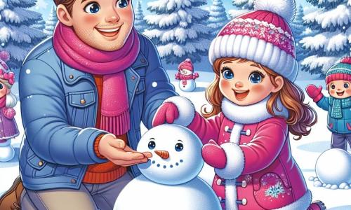 Una niña de 7 años, con largos cabellos castaños y mejillas sonrosadas, lleva un abrigo rosa brillante y un gorro con pompón. Sonríe con asombro, los ojos brillantes de alegría, mientras moldea un gran muñeco de nieve en un paisaje invernal. A su lado, su papá, un hombre de unos 35 años con barba ligera y una sonrisa cálida, está haciendo una gran bola de nieve para la base del muñeco. Lleva una chaqueta azul y una bufanda roja, y mira a su hija con orgullo. Al fondo, se ven majestuosos abetos cubiertos de nieve brillante, bajo un cielo azul claro con nubes blancas. La escena transmite una atmósfera alegre y festiva, ilustrando la felicidad de jugar en la nieve y crear juntos un muñeco de nieve.