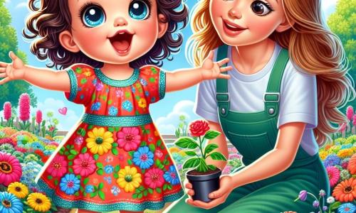Una niña de 2 años, con grandes ojos brillantes y cabello rizado, lleva un vestido colorido con flores. Sonríe con asombro, con los brazos abiertos, en medio de un jardín en plena floración. A su lado, su mamá, una mujer de unos 30 años, con cabello largo y liso, vestida con una camiseta ligera y pantalones de jardinería, está agachada, sosteniendo una pequeña planta en sus manos, lista para plantarla. El jardín está lleno de flores de colores vivos: rojas, amarillas y azules, bajo un cielo azul claro con algunas nubes blancas. La escena refleja la alegría y emoción de la niña mientras ayuda a su mamá a preparar el jardín para la primavera, rodeada de la belleza de la naturaleza que renace.
