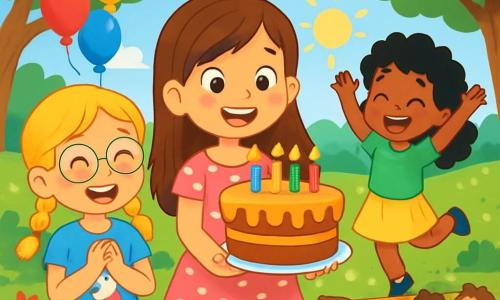 Hay 3 personajes: - Clara: una niña de 8 años, con largos cabellos castaños y ojos brillantes. Lleva un vestido rosa con lunares blancos y sostiene un gran pastel de cumpleaños decorado con velas de colores. - Sofía: una niña de 8 años, con trenzas rubias y gafas redondas. Lleva una camiseta azul con un dibujo de unicornio y sonríe alegremente mirando el pastel. - Marta: una niña de 8 años, con cabello negro y rizado, lleva una falda amarilla y una camiseta verde. Está saltando de alegría junto a Sofía, con los brazos levantados. El lugar es un parque soleado, lleno de grandes árboles verdes, flores de colores y globos flotantes colgados de las ramas. Una gran mesa de madera está decorada con un mantel colorido, rodeada de niños riendo. El cielo es azul con algunas nubes blancas, y rayos de sol iluminan la escena festiva. La situación principal muestra a Sofía, rodeada de sus amigas, lista para soplar sus velas en un hermoso pastel de cumpleaños, mientras todos los niños cantan 
