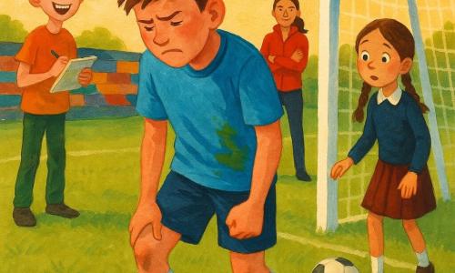 Joven jugador de fútbol, rostro enrojecido por el esfuerzo y expresión que pasa de decepción a determinación, pelo castaño corto, camiseta azul manchada de hierba, inclinado hacia adelante tras golpear el poste con una mano apretando el short; niña de 10 años con trenzas largas, mirada asombrada y uniforme escolar simple, recoge el balón con los pies cerca del jugador; niño de 11 años de pelo erizado, sonriente, toma notas en un cuaderno desde las gradas bajas; entrenadora Mara, unos 35 años, con chaqueta de entrenamiento roja y brazos cruzados en la línea de banda, observa y anima; campo de césped verde con marcas de tacos, postes blancos, gradas coloridas y cielo dorado de tarde con sombras largas; momento dramático y solidario: el poste es visible, el jugador respira, levanta la cabeza y pasa el balón a un compañero fuera de plano mientras los niños aplauden tímidamente, ambiente de coraje y apoyo.
