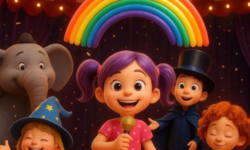 Ci sono 5 personaggi: tre bambine—Lilla, 8 anni, capelli lilla in codini, vestito a pois rosa, al centro con un micro di cartone scintillante e sorriso largo; Titti, 7 anni, capelli corti biondi, cappello stellato troppo grande, a sinistra che agita braccialetti colorati ridendo; Fiamma, 8 anni, capelli rossi ricci, salopette gialla, a destra che fa una piccola riverenza comica—un ragazzo, Leo, 9 anni, mago con grande cappello nero e mantello blu scuro, leggermente dietro che crea un arcobaleno di palloncini—e un grande elefante grigio con sguardo dolce e piccoli cappelli sullo sfondo a sinistra che alza la proboscide come per applaudire; luogo: sotto un grande tendone a righe rosse e bianche con pavimento in legno lucidato, tende porpora ai lati, lucine gialle e coriandoli nell’aria; situazione: i bambini fanno un numero di circo gioioso, Lilla parla nel micro, Titti e Fiamma fanno gesti buffi, Leo manda su palloncini colorati e l’elefante alza la proboscide, scena colorata ed espressiva con illuminazione calda e atmosfera festosa e magica.