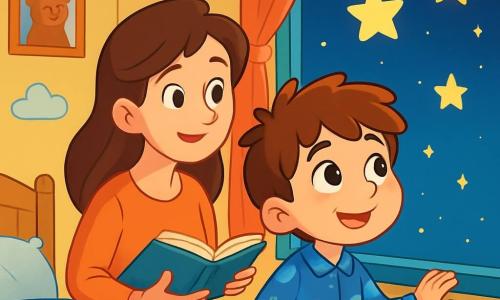 Um menino de 6 anos, Lucas, com cabelo castanho bagunçado e olhos brilhantes de curiosidade, está perto da janela do seu quarto, com um leve sorriso no rosto, maravilhado com as estrelas cintilantes no céu noturno. Sua pequena mão está apoiada na borda da janela, e ele veste um pijama azul com estampas de planetas. Sua mãe, uma mulher doce de cerca de 30 anos, com cabelo longo e castanho, está atrás dele, com uma expressão tranquila e amorosa, segurando um livro aberto. Ela olha para Lucas com ternura, pronta para contar uma história. O quarto é acolhedor, pintado de amarelo pastel, com paredes decoradas com desenhos de animais e nuvens. Uma pequena cama com um cobertor estrelado está em um canto, e uma luz noturna em forma de lua ilumina suavemente o ambiente. A cena principal mostra Lucas, fascinado pelo céu noturno, descobrindo a beleza das estrelas, enquanto sua mãe fala suavemente, transformando seu medo do escuro em encantamento.