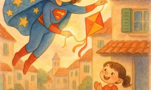 Heroine woman, very joyful with a smiling face and bright eyes, hovering in midair with a flowing blue cape decorated with large gold stars, hands lit by a soft pale yellow halo and soft wavy light brown hair, a girl of about 6 with brown pigtails holding a red-and-yellow kite and standing on the sidewalk under a roof smiling up, a small pastel metal toy robot blinking blue in a puddle in the foreground, watercolor village street with red roofs and green shutters, distant church bell and peachy-pink sunset sky; main action: the woman gently grabs the kite’s tail stuck on a tiled roof, her glowing hands illuminate the scene as the girl claps below, tender and reassuring atmosphere.