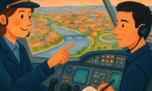 Eine lächelnde Frauenspilotin um die dreißig mit kurzem kastanienbraunem Haar hinter dem Ohr, blauem Pilotensakko, Kappe und Kopfhörern zeigt aus der Cockpit-Scheibe auf eine große Stadt; der etwa 28-jährige Co-Pilot rechts wirkt konzentriert und ruhig mit kurzem schwarzen Haar, Notizbuch und Stift, während das detaillierte Cockpit graue Paneele mit leuchtenden Knöpfen, grün-blaue Bildschirme und Metallhebel zeigt; draußen ein rosa-blauer Morgenhimmel mit weißen Wolken, unten eine stilisierte Stadt mit farbigen Dächern, einem silbernen Fluss und Brücken sowie Parks und Stadion; ruhiger, wohltuender Flugmoment, warme Lichtreflexe auf den Flügeln, bildkomposition auf Gesichter und große Scheibe, kindlich-gouache Stil mit sichtbarer Pinseltextur, lebendigen Farben und weichen Konturen.