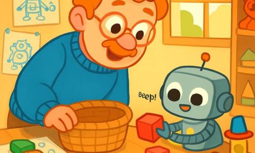 An inventor, Mr. Theo, smiling and warm, wears round glasses and a blue wool sweater. He leans over a wooden table, surrounded by colored pencils and sketches, with a look of wonder and focus. Next to him, a small robot named Bop, with round, shiny eyes, makes a joyful noise as it tries to pick up a red block with its articulated arms. The scene takes place in a bright workshop filled with messy toys, invention plans hanging on the walls, and a window letting in the golden morning light. On the table, a wicker basket awaits to be filled with toys. Mr. Theo encourages Bop on how to tidy up the toys while Bop, a bit clumsy, tries to grasp the sliding red block.