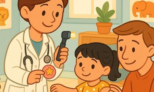 Médica, rosto doce e sorridente, cabelo castanho preso em coque, jaleco branco, segura um otoscópio iluminado na mão direita e um curativo colorido na esquerda; menina Lia, cerca de 4 anos, cabelo preto em rabo de cavalo, vestido amarelo de bolinhas brancas, sentada numa cadeira baixa mostrando o braço com confiança e sorriso tímido; à esquerda, mesa baixa com brinquedos de madeira; um progenitor sentado no canto com olhar sereno e mão no ombro da criança; consultório pediátrico pequeno com paredes azul‑claro, pôsteres educativos, janela com luz suave, estante de madeira com almofadas e planta; a médica examina delicadamente o braço com a lâmpada e aplica um curativo rosa redondo com estrela, ambiente calmo e acolhedor, cores quentes e contornos arredondados.