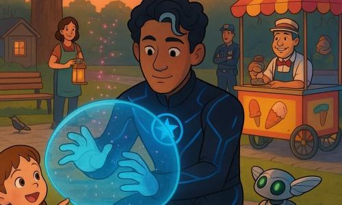 An adult man named Orion Quillstrike with calm, focused expression, warm brown skin, wavy black hair with a silver streak, wearing a deep black suit with comet‑blue luminescent lines and a star-in-circle emblem on his chest, kneels before a central stone fountain at dusk, forming a translucent blue dome-bubble with his glowing hands. A small metallic drone called Pip‑7 (non-human), sandwich-sized with silver wings and blinking green eyes, perches on Orion’s shoulder and emits fine pink sparkles that float above the water. A ~5-year-old girl with pigtails and a yellow jacket stands on the lawn foreground left, eyes wide and pointing excitedly at the bubble. Mr. Banjo, an ice-cream vendor (~50), with hat and colorful cart, stands back right on the path smiling and polishing his tub. Officer Lumen (~35) in a plain uniform stands near benches behind the crowd with arms crossed, reassured expression. Ms. Rivera (~40), the park caretaker in an apron, stands by an open shed holding a box of lanterns. Setting: Maplebeam Park at twilight, green lawn, wooden benches, a large old oak behind, hanging lantern garlands, a few pigeons on the paving; a tiny shimmering air rift above the fountain from which the drone emerged. Mood: residents stepping back in wonder and relief as Orion creates a protective blue bubble while pink sparks float and warm evening light bathes the scene. Graphic style: bright colors, clean outlines, soft textures, warm exaggerated facial expressions, composition centered on Orion and the fountain.