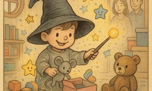 Pip, a mischievous 3-year-old apprentice wizard with an oversized pointed hat slipping over one eye, grins and waves a wooden wand with a shiny button above a floor strewn with colorful toys while friendly star-like fireflies, yellow and blue with laughing eyes, float around nudging toys into boxes and leaving glitter trails; a medium brown stitched teddy sits by a pile of blocks on the carpet in front of the bed, Pip gently places a dusty gray patchwork toy mouse under the bed into a box with a pink blanket, and in the doorway the smiling, slightly blurred parents watch proudly as the small, warm room—light wood paneling, star-pattern rug, low shelves of picture books, a round window with soft morning light and stacked colorful boxes—becomes magically tidy with toys hopping, boxes opening with sparkles, socks twirling and a hat turned into a funny sock-hat in pastel pencil-textured tones and soft shadows.