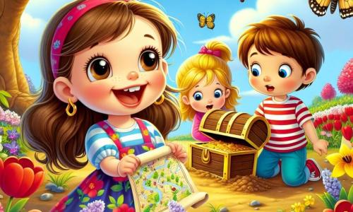 A 6-year-old girl named Lily, with long brown hair and sparkling eyes, stands in the center of the image. She wears a colorful floral dress and smiles enthusiastically while holding a treasure map. To her right, Mia, a 6-year-old girl with blonde pigtails, gazes in wonder at a butterfly flying nearby. To the left, Ben, a 6-year-old boy with brown hair and a striped t-shirt, digs in the ground with a small shovel, looking focused and curious. The setting is a lush garden in full bloom, filled with red tulips, yellow daffodils, and purple violets, under a clear blue sky dotted with fluffy white clouds. In the background, a large tree provides shade, and bees buzz happily around the flowers. The scene captures the moment when Lily and her friends discover a buried wooden treasure chest in the ground, surrounded by colorful flowers, with expressions of surprise and joy on their faces.