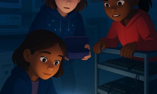 There are three 11-year-old girls: Mina, brown mid-length hair, attentive eyes, navy jacket, crouched left holding a small black box illuminated by her phone; Jo, black ponytail, red sweatshirt, standing right leaning with a mischievous yet worried look and one hand on a metal cart; Lia, chestnut hair, constellation-pattern hoodie, slightly unkempt, standing behind Mina with moist but relieved eyes, holding an open empty pencil case. They are in a school computer corner with rows of old desktops with thick monitors, a dented computer tower in a corner, a metal cart of keyboards and mice, cream tiled floor with dust marks, colorful posters and a trophy display in the background. The three children have just discovered the small black 