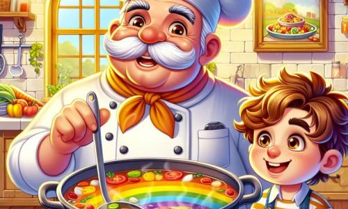 The main character, a jovial man named Mr. Pudding, is a chef in his fifties with a large white mustache and a tall white chef's hat. He smiles broadly, his eyes sparkling with excitement, while stirring a large pot of colorful soup over the fire. Next to him is Benny, an eight-year-old boy with curly brown hair, wearing a small apron. He watches in awe, holding a ladle ready to serve. The scene takes place in a warm and lively kitchen filled with pots and pans, with fresh ingredients spread out on the counter. Rays of light filter through the windows, illuminating the walls decorated with paintings of delicious dishes. The main situation shows Mr. Pudding and Benny preparing the legendary rainbow stew together, with colorful fruits and vegetables, while laughter and delightful aromas fill the air, creating a joyful and magical atmosphere.