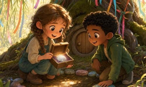 A 10-year-old girl, Elsie, with light brown hair in two braids, wide bright eyes and a delighted smile, crouches before a small round door at the base of a willow holding open a wooden box that reveals a small silver shell-shaped locket; beside her a 10-year-old boy, Jamal, dark-skinned with short curly hair, kneels with a hand on a colored stone, joyful and ready to help; the willow has drooping branches with rainbow ribbons, thick mossy roots and stones arranged in a lettered circle, golden filtered light dappling the damp ground, and the children have just opened a secret cache—soft pastel, textured wood and velvety moss create a warm, magical atmosphere.