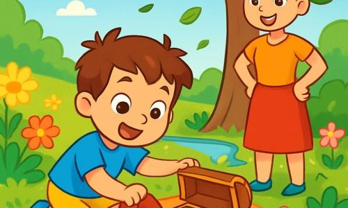 A 4-year-old boy with messy brown hair and sparkling curious eyes is crouched in a sunny garden. He is wearing a bright blue t-shirt and yellow shorts, and his face expresses radiant joy as he discovers a small wooden chest hidden under a picnic blanket. Next to him, his mother, a smiling woman in her 30s with brown hair in a bun, proudly watches him with her hands on her hips, standing by a tree. The garden is filled with colorful flowers, green bushes, and a small stream sparkling in the sun. The main scene shows the boy opening the chest, revealing shiny treasures like colorful buttons and a small silver bell, while a gentle breeze makes the leaves dance around them.