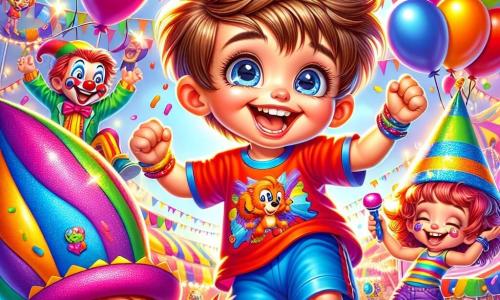 A 5-year-old boy, Benny, with messy brown hair and a big smile, is wearing a bright red t-shirt and blue shorts. He jumps for joy with his arms raised and stars in his eyes in the middle of a colorful carnival. Next to him, Lila, a 6-year-old girl with long purple hair and a sparkling hat, is painting a dragon on Benny's face, her expression joyful and focused. Max, a 5-year-old boy wearing an ice cream cone-shaped hat, laughs while holding colorful scarves, ready to wave them. 

The setting is a vibrant carnival filled with floating balloons, colorful garlands, and candy stands. In the background, funny clowns juggle and musicians play lively melodies, creating a festive and joyful atmosphere. 

The main scene shows Benny, Lila, and Max on stage, surrounded by laughter and applause, dancing and having fun together, sharing moments of happiness and friendship at the heart of the carnival.
