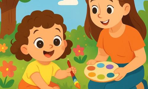 Una niña de 2 años, con grandes ojos brillantes y cabello rizado, sonríe alegremente mientras sostiene un pincel de colores en su mano. Está sentada en la hierba verde, rodeada de hojas y flores coloridas, pintando un gran arcoíris en un papel blanco. A su lado, su mamá, una mujer sonriente de unos 30 años con cabello largo y castaño, la anima con una mirada tierna. Está de rodillas, sosteniendo una paleta de colores vivos, lista para ayudar a su hija. El jardín está soleado, lleno de flores brillantes de todos los colores, con un gran árbol que proporciona sombra y una manta de picnic. El cielo es azul, salpicado de algunas nubes blancas y esponjosas. La escena principal muestra a la niña pintando con entusiasmo, mientras su mamá la observa con orgullo, creando un ambiente alegre y lleno de vida.
