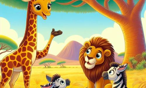 Al centro dell'immagine, Nia, la giraffa femmina, si erge maestosa sotto un grande albero baobab. Ha uno sguardo dolce e rassicurante, con occhi brillanti di saggezza. Le sue lunghe gambe sono decorate con macchie dorate che brillano al sole, e sembra raccontare una storia con entusiasmo, il suo collo slanciato si piega leggermente verso gli altri animali. Vicino a lei, Leo, il leone maschio, è seduto sulle zampe posteriori, ascoltando attentamente Nia. Ha una criniera flamboyante e uno sguardo ammirato, i suoi occhi spalancati mostrano il suo interesse per le storie. Accanto a lui, Zara, la zebra femmina, è in piedi, con le sue strisce nere e bianche ben definite e un sorriso gioioso sul volto, pronta ad applaudire dopo una bella storia. Sullo sfondo si vede una savana vibrante, con erbe dorate che ondeggiano al vento, dolci colline all'orizzonte e un cielo blu brillante punteggiato di nuvole bianche e soffici. La scena principale mostra Nia mentre racconta una storia avvincente ai suoi amici animali, riuniti attorno a lei, rapiti dalle sue parole e dall'atmosfera calorosa di cameratismo e amicizia.