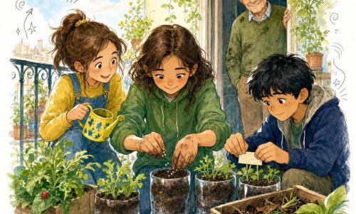 Uma menina de 12 anos, emotiva e determinada, sorri suavemente com as mãos cheias de terra enquanto planta pequenas sementes de rúcula num vaso de plástico reciclado; à esquerda, Inês, também de 12 anos, alegre e curiosa, segura um regador colorido e observa com olhos brilhantes; à direita, Amir, 12 anos, calmo e atento, ajoelhado, coloca uma etiqueta manuscrita 