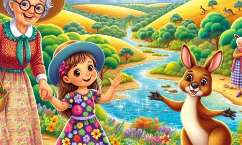 Maria, o fetiță de 4 ani cu păr lung castaniu și ochi strălucitori, se află în centrul imaginii, zâmbitoare și plină de entuziasm. Poartă o rochie colorată cu motive florale și ține mâna bunicii sale. La dreapta ei, bunica, o femeie în vârstă cu păr gri și ochelari rotunzi, zâmbește cu căldură în timp ce o privește pe Maria. La stânga, bunicul, un bărbat jovial cu barbă albă și pălărie de paie, arată cu degetul un cangur care sare vesel la câțiva metri de ei. Peisajul este un peisaj australian minunat, cu coline aurii, copaci verzi și flori colorate. Departe, un cer albastru strălucitor este presărat cu nori albi pufoși. Aproape de ei, un pârâu cristalin strălucește sub soare, înconjurat de pietre netede și arbuști înfloriți. Situația principală îi arată pe Maria și familia ei urmând cangurul care îi conduce spre apă. Expresia de bucurie de pe fața Mariei ilustrează entuziasmul ei pentru această aventură, în timp ce cangurul, curios, îi privește cu un aer prietenos.