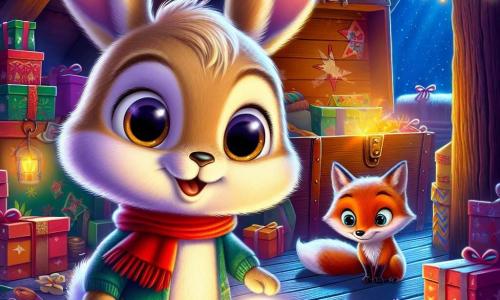 Benny the Bunny, a small rabbit with big ears and soft, silky fur, is filled with excitement and curiosity. He stands in a magical attic, wide-eyed, holding a glowing orb in his little paws. Next to him is Felix the Fox, a friendly character with bright orange fur and a red scarf, smiling kindly with twinkling eyes. The attic is filled with Christmas treasures: colorful boxes, sparkling garlands, and an old wooden chest adorned with star patterns. The soft light from the orb illuminates the room, creating a warm and enchanted atmosphere. In this scene, Benny discovers the magical power of the orb, ready to embark on an unforgettable adventure in the fairy-tale world of Christmas.