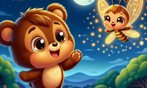 Bruno, un pequeño oso de peluche de pelo marrón y suave, se encuentra en una colina verde, con los ojos abiertos de sorpresa y alegría, admirando el cielo estrellado. Sonríe, mostrando su curiosidad y asombro ante la belleza de la noche. A su lado, Lila, una luciérnaga brillante con un cuerpo delicado y alas translúcidas, vuela alegremente a su alrededor, iluminando su rostro con una suave luz dorada. El paisaje es un hermoso cuadro nocturno: un cielo profundo lleno de estrellas brillantes, una luna redonda y luminosa que ilumina el mundo, y un vasto bosque al fondo, donde los árboles se erigen majestuosamente, con sus hojas danzando suavemente al viento. La escena principal muestra a Bruno, asombrado, descubriendo la magia de la noche con Lila, mientras exploran juntos las maravillas del mundo nocturno, transformando su miedo en alegría y curiosidad.