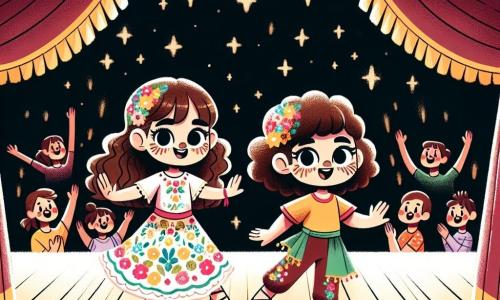 Uma menina de 12 anos, Ana, com longos cabelos castanhos e olhos cheios de determinação, está dançando no palco. Ela usa uma roupa de dança colorida, enfeitada com pequenas flores, e seu rosto expressa alegria e confiança. Ao seu lado, sua melhor amiga Beatriz, também de 12 anos, com cabelos curtos e cacheados, a encoraja com um grande sorriso. Beatriz veste uma camiseta brilhante e uma legging de dança, e se posiciona levemente atrás, pronta para se juntar a Ana na coreografia. O local é um auditório cheio de espectadores entusiasmados, com luzes brilhantes iluminando o palco de madeira. Cortinas vermelhas emolduram o fundo do palco, adicionando um toque de magia à atmosfera. A cena principal mostra Ana e Beatriz em plena performance, executando movimentos de dança sincronizados, com expressões de felicidade e camaradagem. Os aplausos do público ecoam ao redor, criando uma atmosfera festiva e acolhedora.
