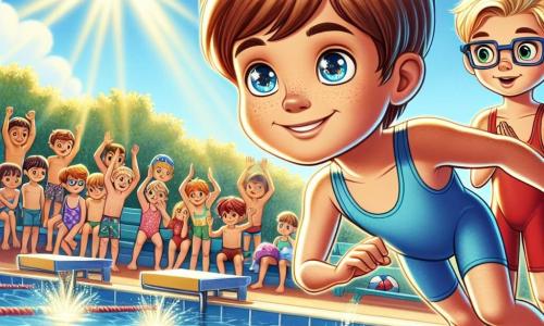 In einem sonnigen Schwimmbad bereiten sich zwei 9-jährige Jungen auf ein Rennen vor. Max, ein Junge mit braunen Haaren und funkelnden Augen, trägt einen leuchtend blauen Badeanzug und ein selbstbewusstes Lächeln. Er steht am Beckenrand, bereit zum Sprung. Neben ihm steht Tom, ein Junge mit blonden Haaren und Brille, der einen roten Badeanzug trägt und eine nervöse, aber entschlossene Miene zeigt. Um sie herum steht eine Gruppe älterer Kinder, die "Drachen", die sie mit einer Mischung aus Herausforderung und Bewunderung beobachten. Das Schwimmbecken ist mit kristallklarem Wasser gefüllt, das im strahlenden Sonnenlicht funkelt. Bunte Schwimmringe treiben an der Oberfläche, und begeisterte Zuschauer sitzen auf Liegen, applaudieren und feuern die jungen Schwimmer an. Die Hauptsituation zeigt Max und Tom, die kurz davor sind, ins Wasser zu springen, bereit, die Herausforderung des Rennens anzunehmen, während die anderen Kinder im Hintergrund anfeuern und eine freundliche Wettkampfatmosphäre schaffen.