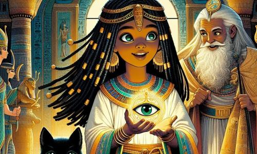 Nefertari, una joven egipcia de unos 12 años, se encuentra en el centro de la escena, con largos cabellos negros trenzados adornados con perlas doradas. Su rostro refleja determinación y asombro, con ojos brillantes que reflejan la magia del momento. Lleva una túnica de lino ligero, bordada con patrones coloridos, y sostiene en sus manos un antiguo Ojo de Horus que brilla con luz dorada. A su lado, Bastet, un gato negro de ojos verdes brillantes, la observa con sabiduría, listo para guiarla en esta aventura. En el fondo, Amenhotep, un hombre de unos 60 años con larga barba blanca y ojos chispeantes, observa la escena con una sonrisa benevolente, sosteniendo un rollo de papiro. La escena transcurre en una vasta cámara de catacumbas egipcias, donde las paredes adornadas con jeroglíficos brillan débilmente a la luz de las antorchas, creando una atmósfera misteriosa. Nefertari, decidida a recuperar el Ojo de Horus, se prepara para enfrentar a Anubis, el ladrón que se oculta en las sombras, mientras Bastet está listo para protegerla. El aire está cargado de una tensión palpable, mezclada con la emoción de una aventura épica.