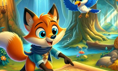 Ein kleiner, schlauer Fuchs namens Felix mit leuchtend orangefarbenem Fell und neugierigen, funkelnden Augen steht vor einer großen alten Karte, voller Staunen und Aufregung. Er sitzt auf seinen Hinterbeinen, die Karte vor sich ausgebreitet, während er auf ein geheimnisvolles Symbol zeigt. Neben ihm schwebt ein eloquenter Eichelhäher namens Max mit leuchtend blauen Federn und einem schwarzen Schnabel leicht über Felix, mit einem Ausdruck von Begeisterung und Entschlossenheit. Ihre Umgebung ist ein verzauberter Wald, in dem große, knorrige Bäume in den Himmel ragen und Sonnenstrahlen durch das Blätterdach filtern, den mit bunten Blumen und goldenen Blättern übersäten Boden erhellen. Im Hintergrund fügt ein majestätischer, funkelnder Wasserfall der Szene einen Hauch von Magie hinzu. Die Hauptsituation zeigt Felix und Max, die die Schatzkarte entdecken, bereit für ein spannendes Abenteuer, voller Hoffnung und Neugier auf das, was sie im geheimnisvollen Wald erwartet.