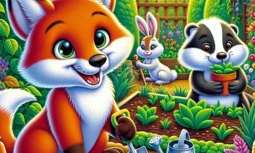 Fergus the Fox, a young fox with bright red fur and curious sparkling eyes, is planting seeds in a community garden. He has a joyful smile and his little paws are dirty, showing his enthusiasm for gardening. Next to him, Rosa the Rabbit, with her white fur and tall ears, watches intently. She holds a small shovel and seems determined to help. Further away, Benny the Badger, sturdy with black and white fur, waters the young plants with a watering can, wearing a satisfied expression. The garden is enchanting, filled with rows of colorful vegetables, bright flowers, and fragrant herbs, surrounded by brick walls covered in ivy. The sun shines high in the blue sky, illuminating the scene with golden light. In this illustration, Fergus and his friends joyfully work together, creating a moment of camaraderie and happiness as they care for their garden and discover the magic of nature.