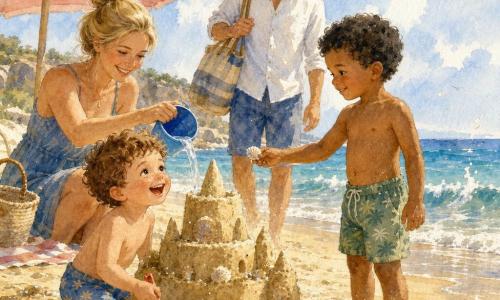 Bambino di 4 anni, capelli castani corti e ricci, pelle chiara con leggere tracce di sabbia, occhi vivaci, in ginocchio con una piccola pala rossa a costruire un castello di sabbia; bambino di circa 5 anni, pelle più scura, capelli neri corti e ricci, sorriso timido, offre una conchiglia bianca a destra del castello; madre ~30 anni, pelle chiara, capelli biondi lunghi raccolti in uno chignon, seduta sotto un ombrellone a righe a sinistra, versa acqua da un secchiello blu per lisciare la torre; padre ~35 anni, capelli castani corti, occhiali da sole sulla testa, in piedi dietro i bambini con una borsa da spiaggia, sorride; spiaggia soleggiata con sabbia dorata, onde blu con schiuma, conchiglie sparse, ombre morbide e riflessi caldi; scena estiva serena e conviviale, colori pastello acquerellati, accenni di schizzi per il movimento di acqua e vento.