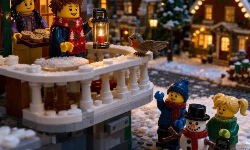 A 6-year-old boy with a round face and short brown hair wears a red scarf patterned with fir trees, smiling proudly as he holds a small glass lantern with a lit red candle on a snowy LEGO brick balcony; his sister, about 8, with black braided hair and a kind smile, stands just inside the living room door holding a tray of small cookies; below in the street a 6-year-old boy (Max) in a blue hat and mittens builds a snowman and waves up to the balcony while another 6-year-old girl (Lily) in a green coat with blonde pigtails holds an unlit lantern and looks up for help; a small robin with rusty and gray plumage perches on the white railing with wings slightly open; round table with snow crystals, cobblestone street with snow, houses with lit windows and garlands in the background, warm golden lantern light contrasts with the bluish night snow as several lanterns glow in the street.