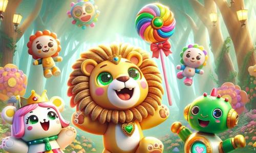 Un peluche de león con melena dorada y ojos chispeantes salta de alegría en el centro de la imagen, sosteniendo un enorme caramelo colorido en sus patas. A su derecha, una alegre muñeca de trapo con una sonrisa radiante y ropa multicolor levanta los brazos, riendo de felicidad. A la izquierda, un pequeño robot de formas redondeadas con luces intermitentes y una expresión divertida hace gestos cómicos, mientras un dinosaurio de plástico verde, con una amplia sonrisa, cuenta un chiste apoyado en sus patas traseras. El fondo es un claro de bosque encantado, lleno de árboles de peluche y flores de bloques de construcción, con rayos de sol filtrándose a través de las hojas, creando una atmósfera mágica y alegre. La escena muestra a los amigos en plena fiesta, compartiendo risas y caramelos, celebrando su descubrimiento del "Dulce Secreto" en un ambiente de camaradería y alegría.