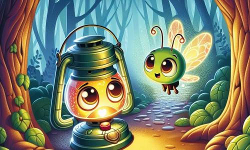 Lumi, una pequeña linterna con un cuerpo de metal brillante y un corazón luminoso, se encuentra al borde de un camino oscuro en el bosque. Tiene ojos grandes y redondos, llenos de curiosidad y aprensión, mientras una luz dorada emana de su interior. Cerca, una luciérnaga amistosa, pequeña y delicada, con alas translúcidas brillantes, vuela alrededor de Lumi, mostrando una expresión alegre y alentadora. Ilumina el camino con su luz suave, flotando a unos centímetros sobre la cabeza de Lumi. El lugar es un bosque denso, donde árboles de troncos nudosos se elevan hacia el cielo, creando sombras inquietantes en el suelo cubierto de hojas muertas. Una ligera bruma flota entre los árboles, añadiendo un toque de misterio a la atmósfera. La situación principal muestra a Lumi, dudosa pero decidida, lista para aventurarse por el camino oscuro, mientras la luciérnaga la anima a avanzar hacia las luces centelleantes a lo lejos, creando un contraste entre la oscuridad del bosque y la calidez de su luz.