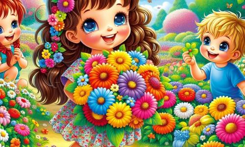 Una bambina di 4 anni, Sofia, con lunghi capelli castani e occhi scintillanti, sorride gioiosamente tenendo un grande mazzo di fiori colorati tra le braccia. Indossa un vestito leggero a fiori e sandali, al centro dell'immagine, circondata dalla bellezza della primavera. Alla sua destra, Marco, un ragazzo di 5 anni con capelli biondi disordinati e una maglietta blu, guarda con meraviglia una foglia verde che ha appena raccolto, con un grande sorriso sul viso. Alla sua sinistra, Lisa, una ragazza di 4 anni con capelli rossi e trecce, tiene una piccola pietra gialla ridendo, i suoi occhi brillano di gioia. Il luogo è un parco in piena primavera, pieno di fiori brillanti, alberi verdi e un cielo blu chiaro punteggiato di nuvole bianche e soffici. Farfalle colorate volano intorno ai bambini, aggiungendo un tocco di magia alla scena. La situazione principale mostra Sofia e i suoi amici mentre celebrano la bellezza della natura, ognuno con un tesoro di primavera trovato durante la loro caccia al tesoro, raggianti di felicità e amicizia.