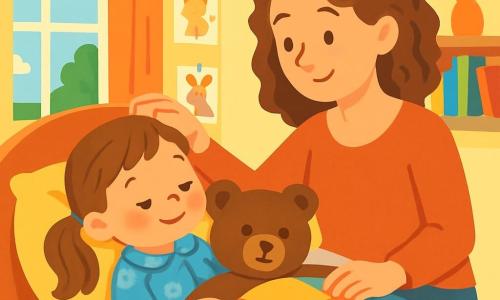 Ein 4-jähriges Mädchen, Leni, liegt in ihrem Bett, mit einem müden, aber lächelnden Gesicht und leicht rosigen Wangen. Sie hat lange braune Haare, die in zwei kleinen Zöpfen gebunden sind, und trägt einen blauen Schlafanzug mit kleinen Bärenmotiven. Neben ihr sitzt ihre Mama, eine etwa 30-jährige Frau mit lockigem, kastanienbraunem Haar, die sanft ihren Kopf streichelt und sie liebevoll ansieht. Im Zimmer liegt ein großer Teddybär an Lenis Seite, und eine bunte Decke bedeckt ihre Beine. 

Das Zimmer ist gemütlich, mit pastellgelben Wänden, Tierzeichnungen an den Wänden und einem Fenster, das Sonnenlicht hereinlässt. Auf einem Regal sind Geschichtenbücher ordentlich aufgereiht, und eine kleine Vase mit bunten Blumen sorgt für eine fröhliche Note. 

Die Hauptsituation zeigt Leni, die sich in ihrem Bett ausruht, umgeben von Wärme und Liebe, während ihre Mama ihr eine Geschichte erzählt, um ihr zu helfen, sich besser zu fühlen.