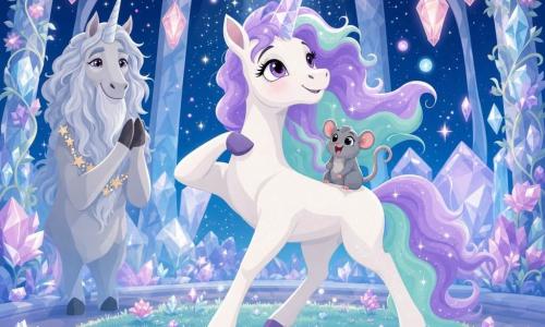 A young unicorn named Lila, joyful and proud, with a pearly white glittered coat, wavy lavender-and-mint mane and a shimmering crystal horn, takes a Starbeam Leap with one hoof lifted toward her chest; Elder Zephyr, a wise old unicorn with a silver frost-like beard and twinkling eyes, stands behind applauding and wears a small star garland; Pip, a tiny gray moon mouse with big round ears and bright eyes, perches happily on Lila’s back with a curled tail; the scene is a crystal-domed circular hall with translucent glass walls, sky-blue moss floor, diamond flowers on pillars, silver sparkling vines, floating light orbs and pink lanterns; Lila dances in the center of a moss circle under a shower of stardust, moving fluidly in a warm, cooperative, magical nighttime celebration.