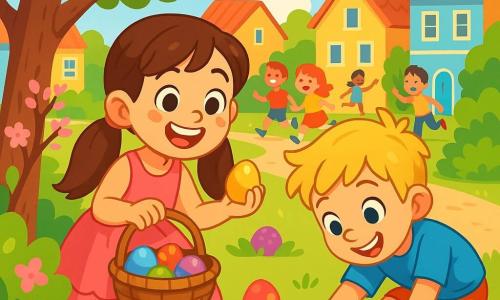 An 8-year-old girl named Lily, with long brown hair in two pigtails, wears a pretty pink ruffled dress. She has sparkling eyes full of joy and a big smile lighting up her face. Lily is crouched down, holding a wicker basket filled with colorful eggs, discovering a golden egg hidden behind a flowering tree. Next to her, her best friend Tommy, a 7-year-old boy with messy blonde hair and a blue t-shirt, leans down to pick up a shiny purple egg. He smiles enthusiastically, his eyes shining with excitement. The scene takes place in a charming village square, surrounded by colorful houses, flowering trees, and lush bushes. Children are laughing and running around them, creating a festive and joyful atmosphere. The main situation shows Lily and Tommy on an Easter egg hunt, uncovering hidden treasures in a vibrant spring setting filled with bright colors and childlike joy.