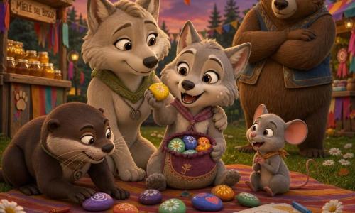 The main character is Lupa, a cheerful, slightly proud young anthropomorphic wolf with light gray fur and cream spots, bright big eyes, holding a small cloth pouch of painted stones and showing a yellow stone; Mama Lupa, a beige adult wolf with a gentle voice and reassuring look, stands behind with a hand on Lupa’s shoulder; Olli the otter, a compact dark-brown otter with a mischievous expression, crouches to Lupa’s left touching a purple stone; Mina the mouse, a small gray mouse with bright eyes, sits in front of the blanket marveling at the stones; Boris the bear, a large brown bear who looks puzzled then softened, stands in the background to the right with arms relaxing; the setting is a forest fair meadow at dusk with green grass and daisies, orange lantern garlands between textured trees, wooden stalls with honey jars and ribbons; Lupa sits on a striped blanket at the center surrounded by animal friends, falling leaves, scattered crayons and colorful drawings, warm inclusive atmosphere; visual style: 3D cartoon cel-shaded rendering, saturated contrasted colors, soft late-afternoon light, soft textures, exaggerated facial expressions, clear centered composition suitable for an 8-year-old.