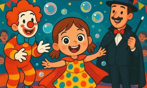 Una niña de 4 años, llamada Martina, con grandes ojos brillantes y una amplia sonrisa, lleva un vestido colorido de lunares y una capa brillante. Ella baila alegremente en el centro de la pista del circo, rodeada de burbujas de jabón que flotan a su alrededor. A su lado, un payaso alegre, de unos 30 años, con la cara pintada de blanco, una gran nariz roja y zapatos enormes, hace muecas para hacerla reír. Un mago, de aproximadamente 40 años, con una capa negra brillante y un sombrero de copa, se encuentra un poco apartado, sosteniendo una varita mágica, listo para hacer aparecer burbujas. El lugar es un circo vibrante, con luces brillantes, banderines coloridos y espectadores sonrientes que aplauden. La escena está llena de colores vivos y decoraciones festivas, mostrando a Martina, llena de alegría y entusiasmo, bailando entre los artistas, rodeada de risas y magia, creando un momento de felicidad y celebración.
