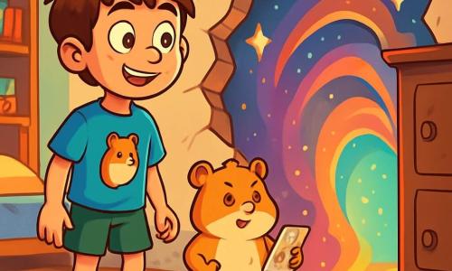 Ein 12-jähriger Junge mit zerzausten braunen Haaren und neugierigen Augen steht am Rand einer riesigen Bresche in einer Wand, mit einem staunenden Lächeln im Gesicht. Er trägt ein blaues T-Shirt mit einem Hamster-Motiv und eine grüne Shorts. Neben ihm steht ein kleiner Hamster namens Gustav, mit goldenem Fell und schelmischen Augen, der auf seinen Hinterbeinen steht, entschlossen, eine Miniaturkarte schwenkend. Sie befinden sich in einem bunten Zimmer, gefüllt mit Spielzeug, Büchern und einem großen Bett, während die Sonne durch das Fenster scheint und tanzende Schatten auf den Holzboden wirft. Die Hauptsituation zeigt den Jungen und Gustav, bereit, sich in einen magischen Tunnel zu wagen, der hinter einem alten Möbelstück erscheint, umgeben von lebhaften Farben und fantastischen Mustern, mit funkelnden Sternen, die in der Luft schweben und eine Welt voller Versprechen und Abenteuer heraufbeschwören.